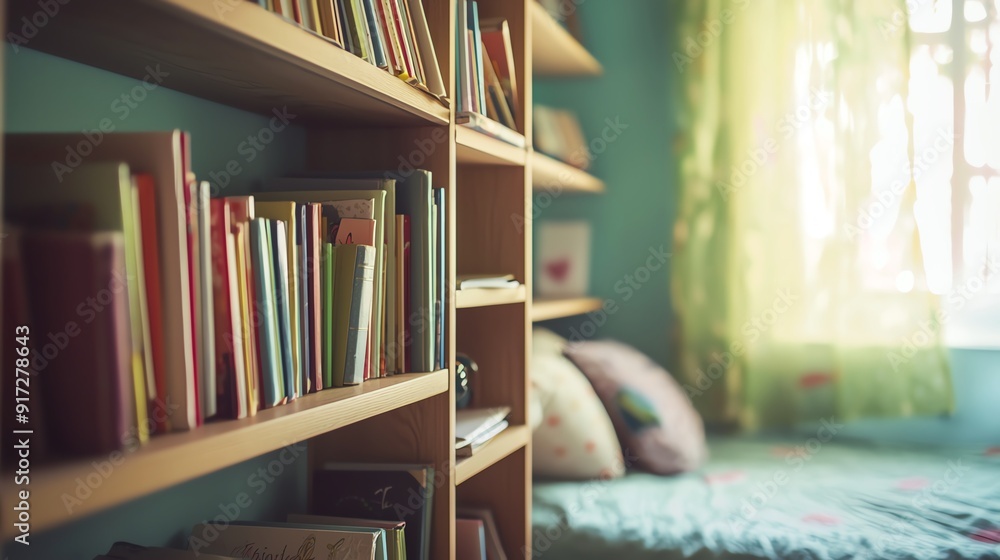 Aufkleber cozy reading nook featuring a bookshelf filled with colorful books and a sunlit window creating a tr