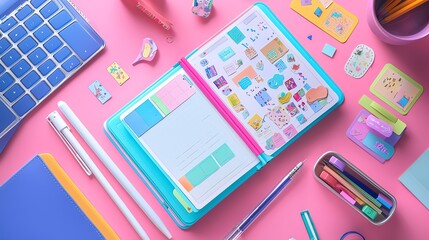 Colorful planner layout with stickers, pens, and stationery on a vibrant pink background, ideal for creative organization.