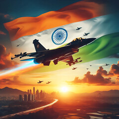"Indian Air Force Day 2024: Spectacular Jet Air Shows at Sunset with Transparent Indian Flag Tribute on AGUGST 14. generative ai