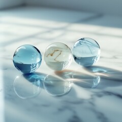 Glass marbles on gray background