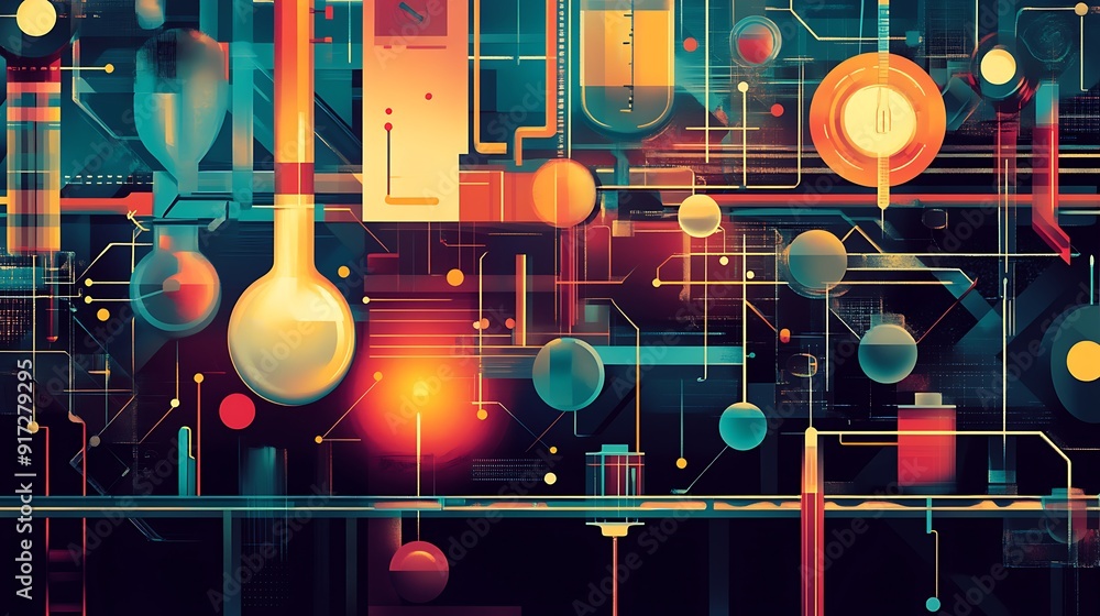 Poster abstract geometric composition with hanging flasks and circuitry