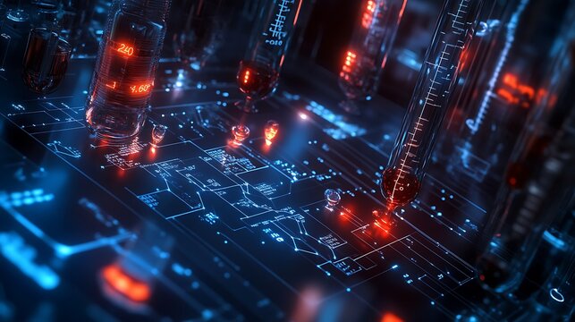 Illuminated Glass Tubes with Red Liquid on a Circuit Board