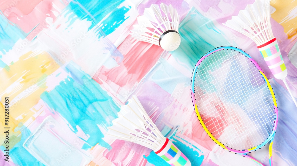 Poster badminton racket and shuttlecocks on a colorful pastel abstract background