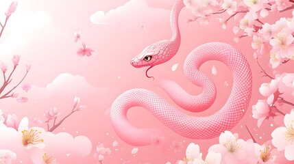 Obraz premium A pink snake is wrapped around cherry blossoms