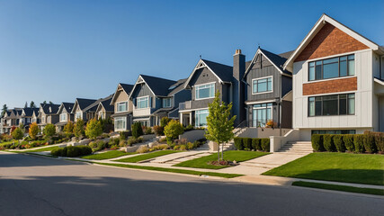 A row of modern suburban homes in a clean and well-maintained neighborhood on a sunny day with clear skies.