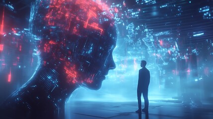 A Man Encounters a Glowing, Digital Head