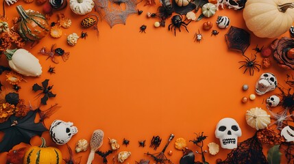 Fototapeta premium Halloween background with spooky elements on orange paper