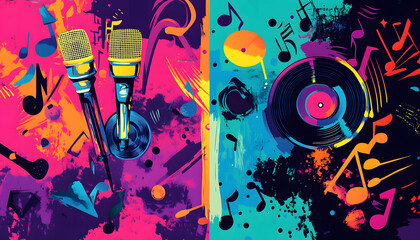 Music background with iconic music symbols. on a vibrant rainbow gradient backdrop. colorful paint splash  design