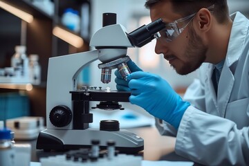 Scientist Conducting Detailed Research Under Microscope in Modern Laboratory During Daytime