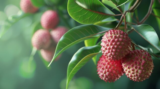 Three red fruits hanging from a green leaf