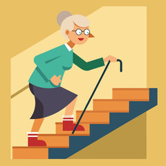 An elderly lady climbing a stair. Granny walks upstairs. Old lady climbing a stair. Grandma with a stick