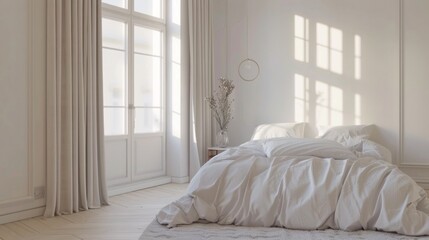 A bedroom with a white bed and white curtains