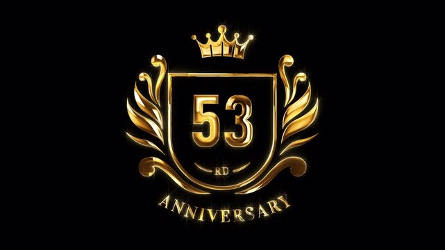 53rd Anniversary Celebration. Happy 53 Years Anniversary Animation in Gold Color on the Transparent Background, Alpha Channel. Great for greetings, celebrations, events, and gifts.