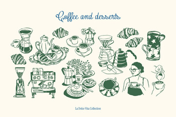 Minimalist hand drawn food and beverages vector illustration collection. Art for greeting cards, wedding invitations, poster design, postcards, branding, logo design, background.