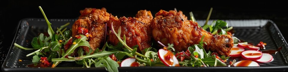 Crispy Fried Chicken with Gourmet Arugula and Radish Salad Drizzled with Peruvian Chili Sauces Presented on a Black Plate Selective Focus
