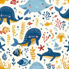 Seamless cartoon fish pattern for kids, vector underwater animal wallpaper.