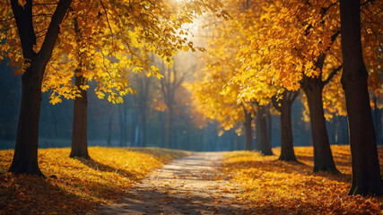 Fototapeta premium Sunlight filters through the autumn trees in a foggy forest, casting shadows on the fallen leaves below.