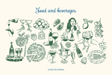 Minimalist hand drawn food and beverages vector illustration collection. Art for greeting cards, wedding invitations, poster design, postcards, branding, logo design, background.