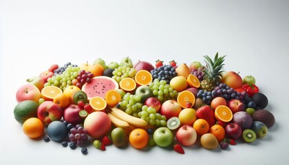 A colorful assortment of fresh fruits on a white background.