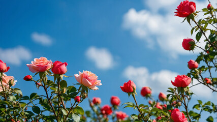 Naklejka premium Beautiful pink roses blooming under a blue sky with scattered clouds in the background, vibrant and fresh.