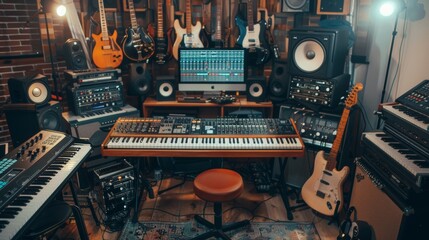 Fototapeta premium soundproof musical studio with table and many instruments