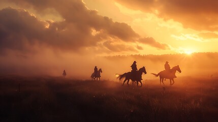 people riding horses in the cloudy countryside dawn