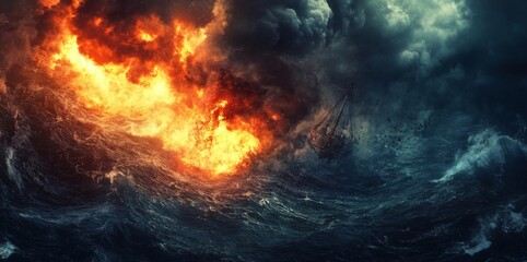 Fototapeta premium Storm's Fury Unleashed: A Violent Ship Explosion Amidst the Wrath of a Tempestuous Sky, Embracing the Chaos of Nature's Unbridled Power.