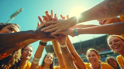 A vibrant image of a sports team stacking their hands one on top of another, focused on the hands, joyful expressions in the background, outdoor stadium setting. Background blurred with stadium seats,