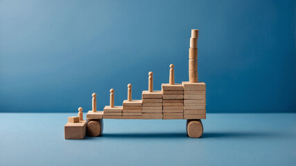 Wooden stairs precariously balanced on wooden blocks against a blue background in a creative arrangement.
