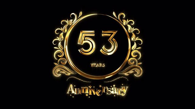 53rd Anniversary Celebration. Happy 53 Years Anniversary Animation in Gold Color on the Transparent Background, Alpha Channel. Great for greetings, celebrations, events, and gifts.