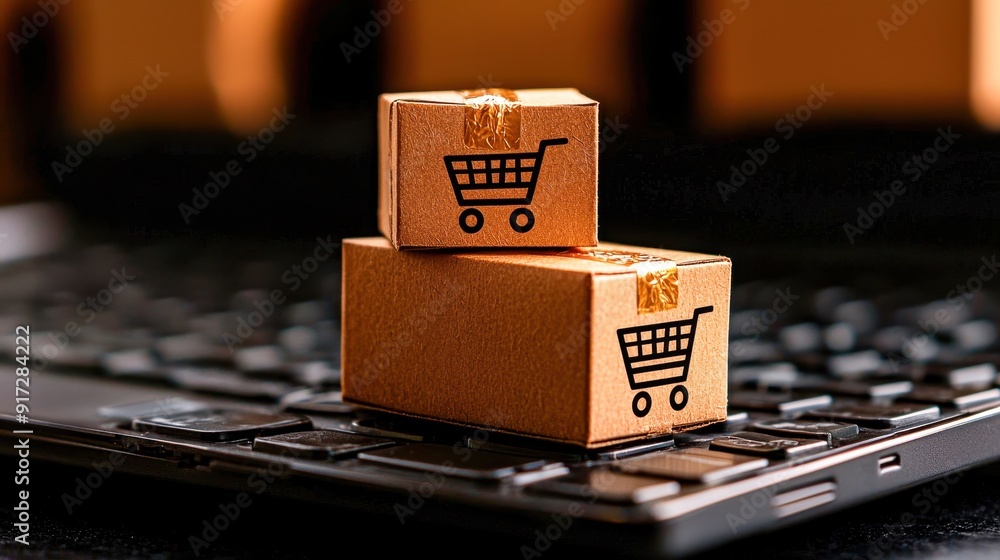 Poster two stacked cardboard boxes with shopping cart symbols on a keyboard, representing online shopping a