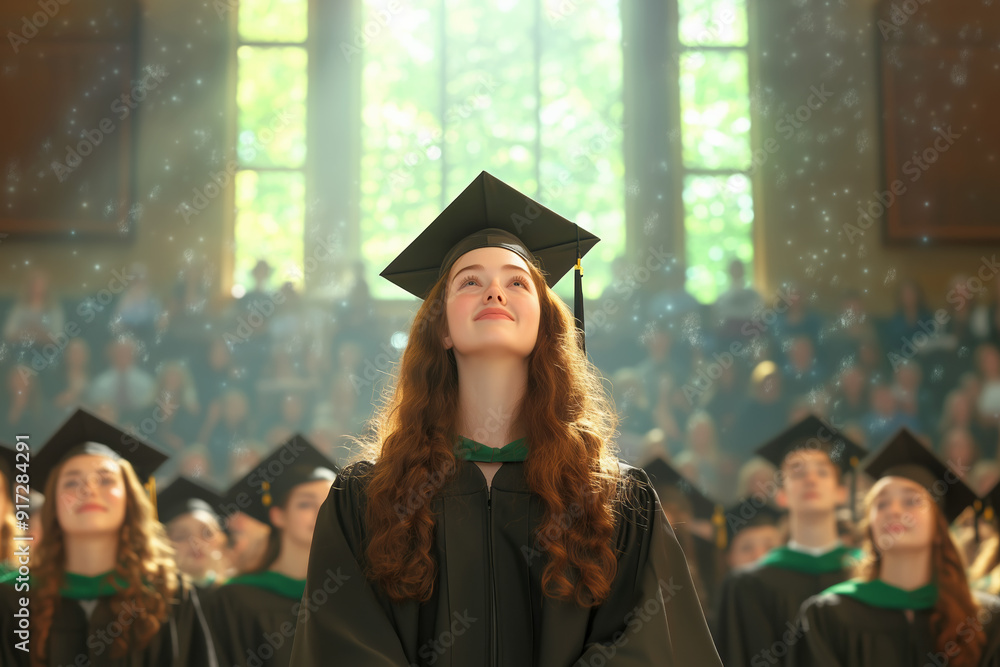 Wall mural Young woman in graduation cap and gown smiling during a graduation ceremony in a sunlit hall with fellow graduates