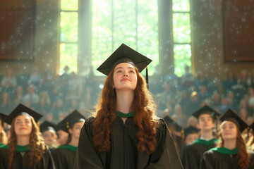 Obraz premium Young woman in graduation cap and gown smiling during a graduation ceremony in a sunlit hall with fellow graduates