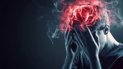 People's health problems are caused by illnesses. distressed person with a headache, fists clenching the skull, and a horribly painful and miserable countenance.