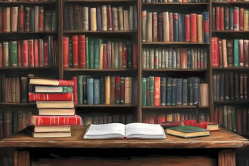 Fototapeta premium Old library with wooden shelves filled with colorful books and an open book on a rustic table