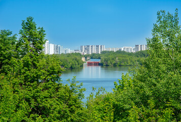 View on the Moscow river and floodgate №11 in summer day