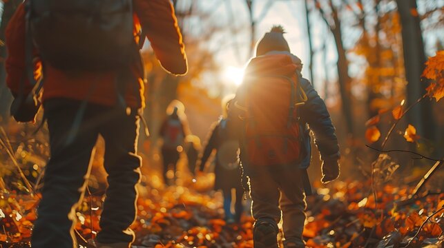 A heartwarming family hiking scene, children exploring the trail with curiosity, parents walking closely, beautiful forest with diverse flora, warm sunlight streaming through leaves,