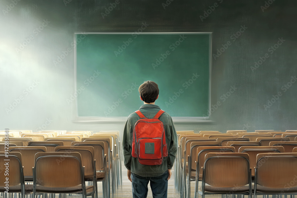 Wall mural Boy with red backpack standing in an empty classroom facing a green chalkboard