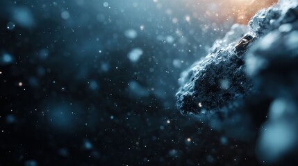 A mesmerizing abstract close-up image of snowflakes drifting in the dark, evoking the beauty of...