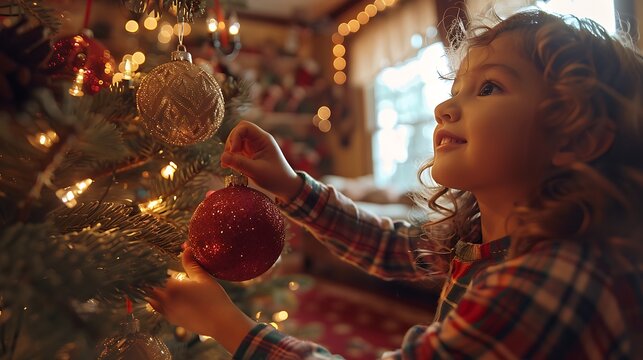 A lively family decorating session, children excitedly placing ornaments, parents hanging lights and garlands, cozy living room with holiday decor, natural sunlight streaming in,
