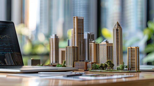 A model building on a table next to a laptop represents urban real estate investment and large-scale building development.