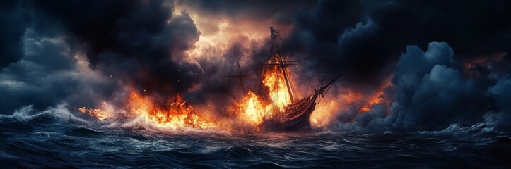 Obraz premium Dramatic Havoc at Sea: A Violent Explosion Engulfs a Ship Amidst a Tempest, with Intense Flames and Ominous Clouds Creating a Scene of Turbulence and Mayhem