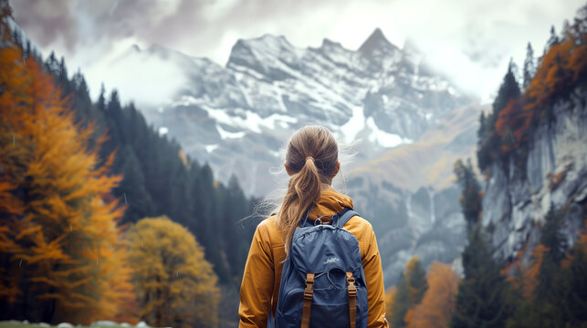 A female tourist with backpack walking on the mountain path looking at the snowy mountain in the background. Generative Ai.