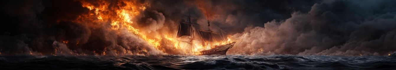Dramatic Havoc at Sea: A Violent Explosion Engulfs a Ship Amidst a Tempest, with Intense Flames and Ominous Clouds Creating a Scene of Turbulence and Mayhem