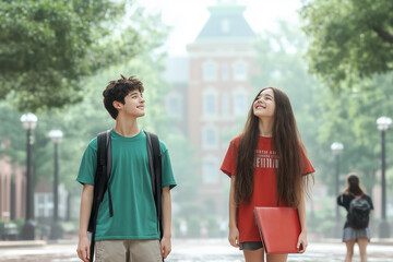 Smiling teenage boy and girl with backpacks walking on a university campus, enjoying a sunny day