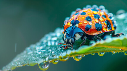 A close-up of a ladybug perched on a leaf covered in droplets in a lush green garden after rain. Generative AI.