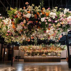 Floral Canopy Wedding Reception: A stunning ceiling installation of cascading blooms creates a whimsical and romantic atmosphere for a wedding reception, transforming the industrial space into a breat