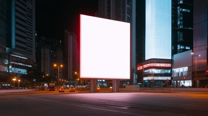 Night view of a bustling city with a prominent blank advertising banner on a high-rise building