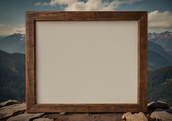 Mockup frame, Empty picture frame, Earth tone wooden frame decorated with nature and mountains