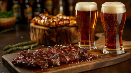 A plate of steak with a side of asparagus sits on a wooden cutting board